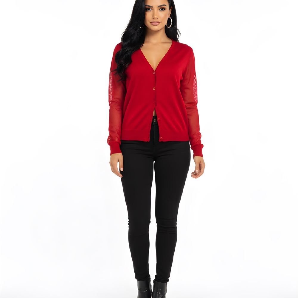 Bisou Jeans red silk/nylon one button V neck Cardigan mesh sleeves Sz L